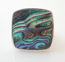 Vintage Square Abalone Shell Statement Sterling Silver Band Ring Sz 7.75