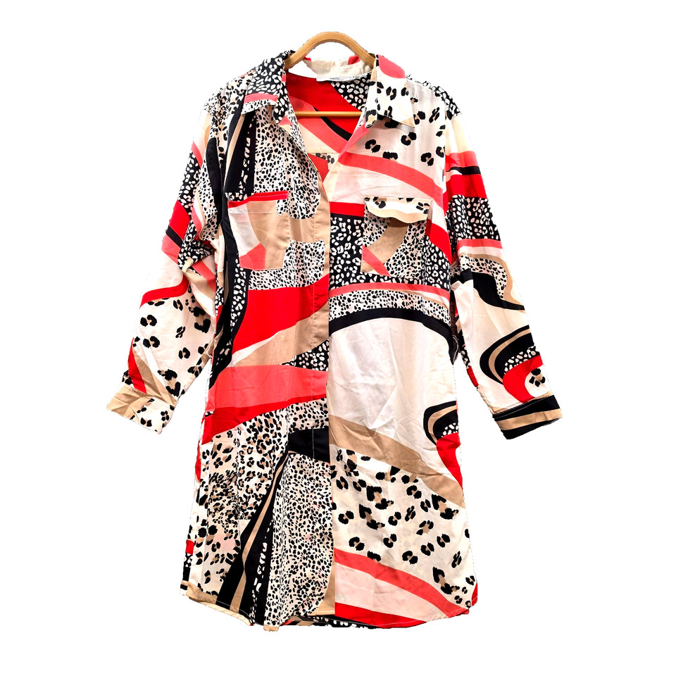 Events Dress Womens Shirt Size 14 Red Beige Black Long Sleeve Collared Button-Up