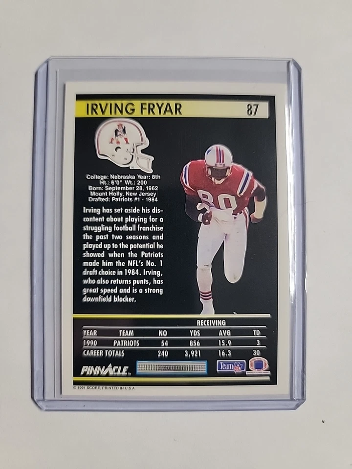 724-16 1991 Pinnacle Score Football Irving Fryar New England Patriots Mint Card - Image 2 of 2