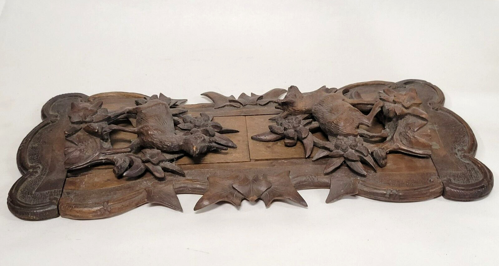 Antique Black Forest Carved Deer Sliding Book Rack Wood Bookend Holder 19th Cen