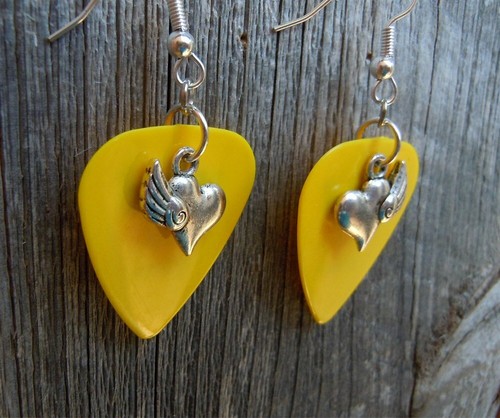 Heart with Single Wing Charm Guitar Pick Earrings - Pick Your Color - Picture 4 of 16
