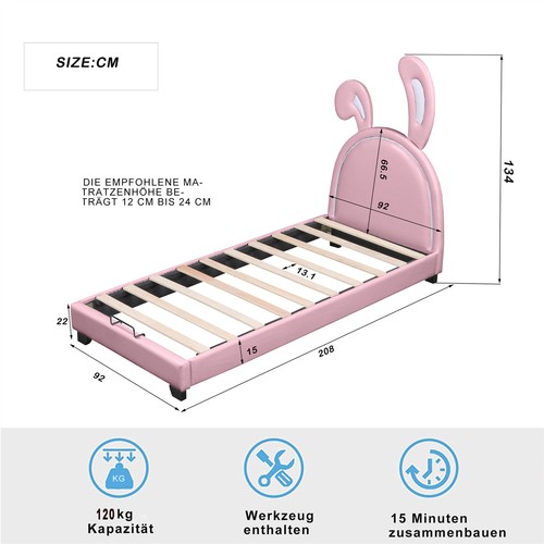 Polsterbett Kinderbett 90x200 Jugendbett mit Hasenform Kopfteil für Mädchen Rosa - Bild 6 von 10