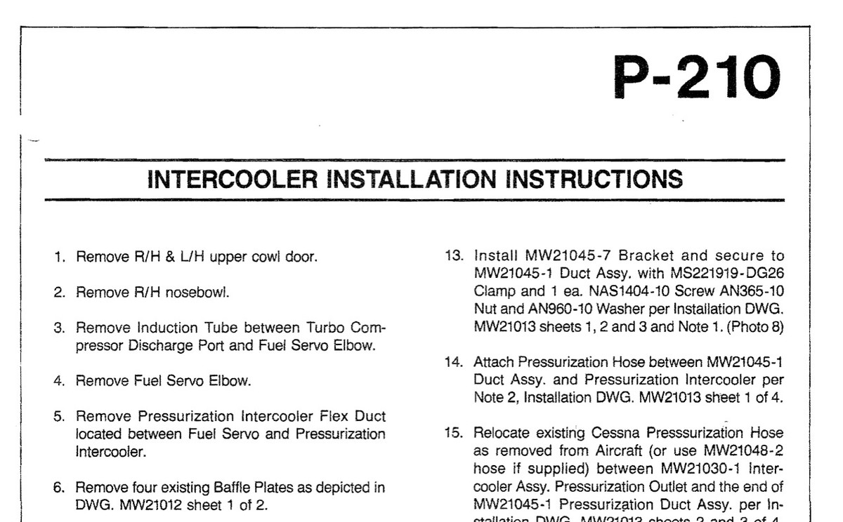 CESSNA P210 - Aircraftsman Intercooler INSTALLATION INSTRUCTIONS