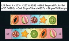 US Scott #4253-57 4257a & 4258-62 4262a Fruits Tropicaux 2 Bandes 10 Timbres