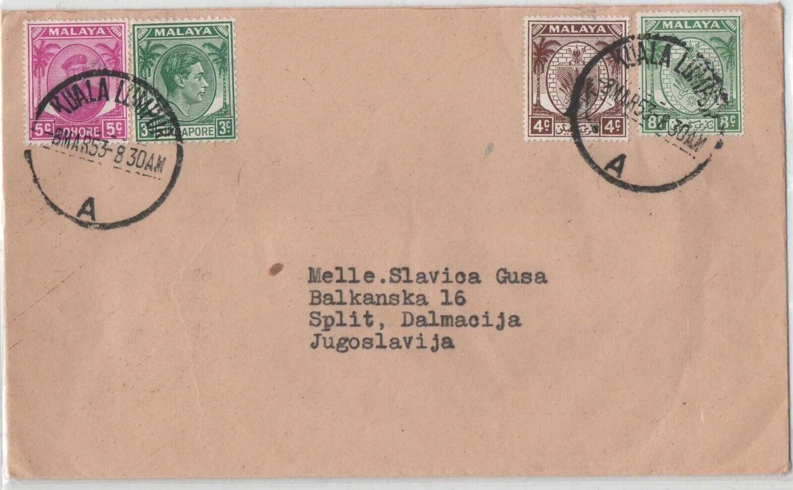 MALAYA 1953 cover with 4 different stamps, KUALA LUMPUR to SPLIT