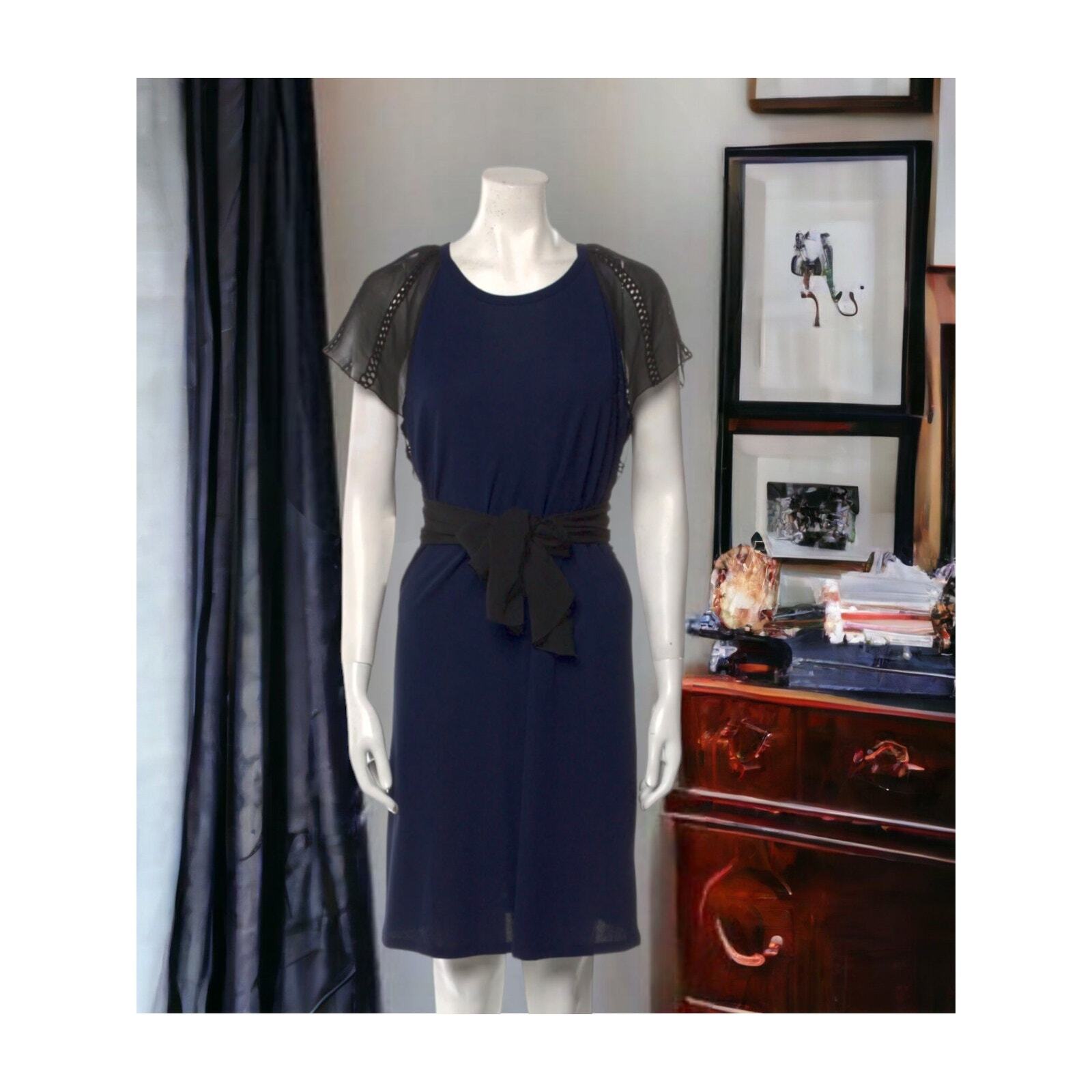 RED VALENTINO Crochet Tie Belt Blue Black Knee Midi Dress Size XS