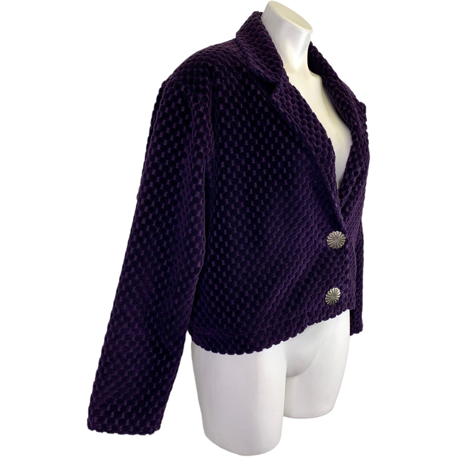 Giacca ritagliata pony dipinta S piccola arazzo viola arte da indossare bottoni vintage