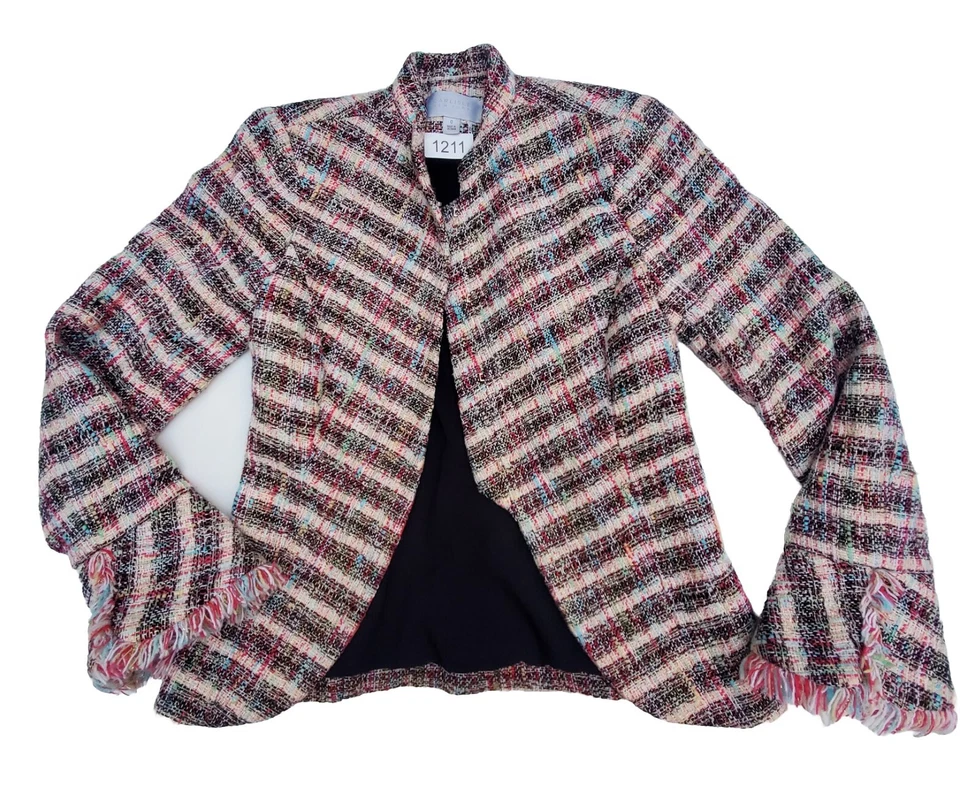 Carlisle New York Flared Fringe Sleeve Striped Tweed Blazer Jacket Womens Sz Sm - Image 2 of 4
