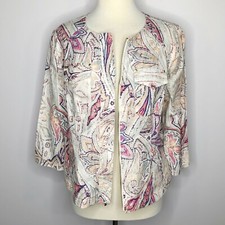 Chico's Size 1 M Multi Print Linen Jacket Front Zip Closure 3/4 Sleeves Pastel