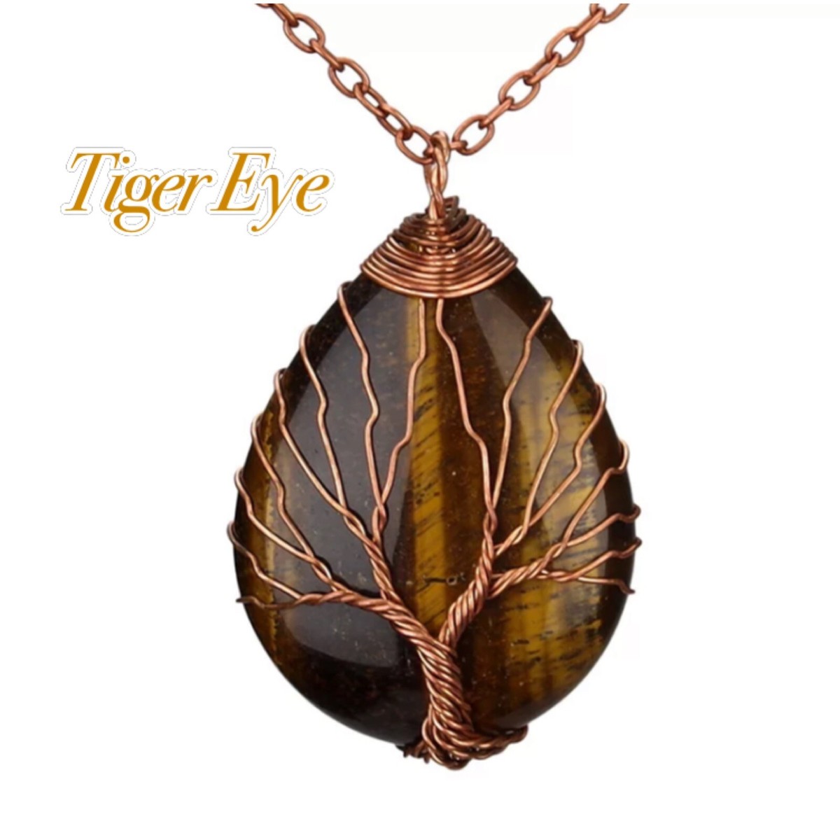 Tree of Life Teardrop Pendant Necklace Copper Wire Wrapped