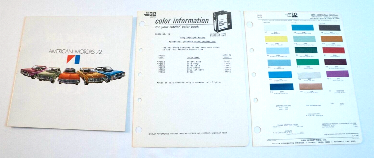 1972 AMC PPG Color Paint Chip Chart/Codes & 1972 Model Catalog