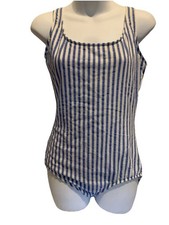 VTG Lands End Blue White Striped One Piece Swimsuit Nautical Womens 14 Tall