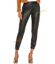 Womens Black Lambskin Leather Jogger Pants Slim Fit Formal Classic Trousers Wear