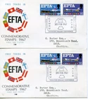 1967 EFTA ORD+PHOS GREAT BRITAIN QE2 PHILART ILLUS. FDC x2 SPECIAL PMKS VGC