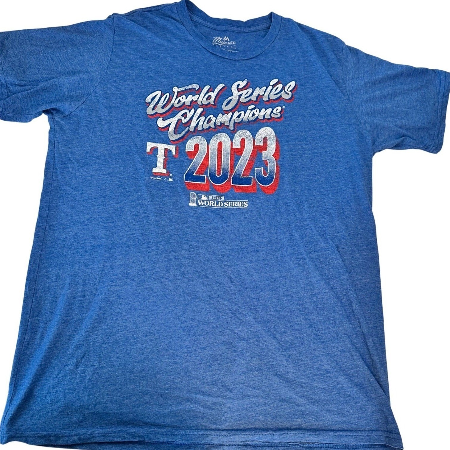 Majestic Texas Rangers T-Shirt Mens 2X Blue 2023 World Series Champions Roster