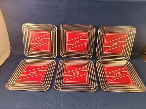 Vintage Coca-Cola Plastic Coasters Set Of 6 Coke VTG Ribbed Classic Red Clear