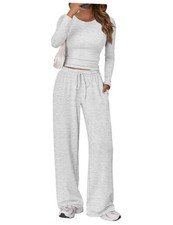Women's 2 Piece Matching Lounge Set Long Sleeve Slightly Medium Oatmeal Grey