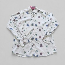 Claudio Lugli Couture Guitar Print Shirt Men 41-42 Large White Pure Cotton Funky