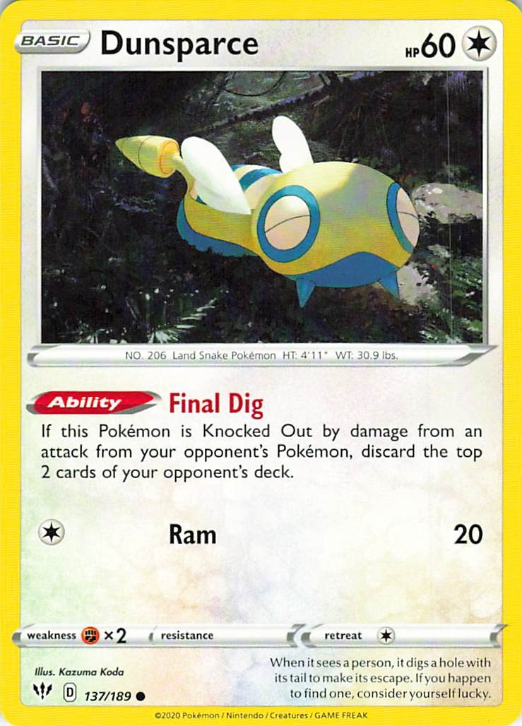Dunsparce 137/189 Common Darkness Ablaze Pokemon Near Mint