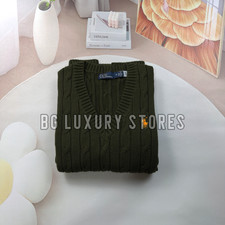 POLO RALPH LAUREN Women's L Olive Green Cable Knit V-Neck Cotton Sweater