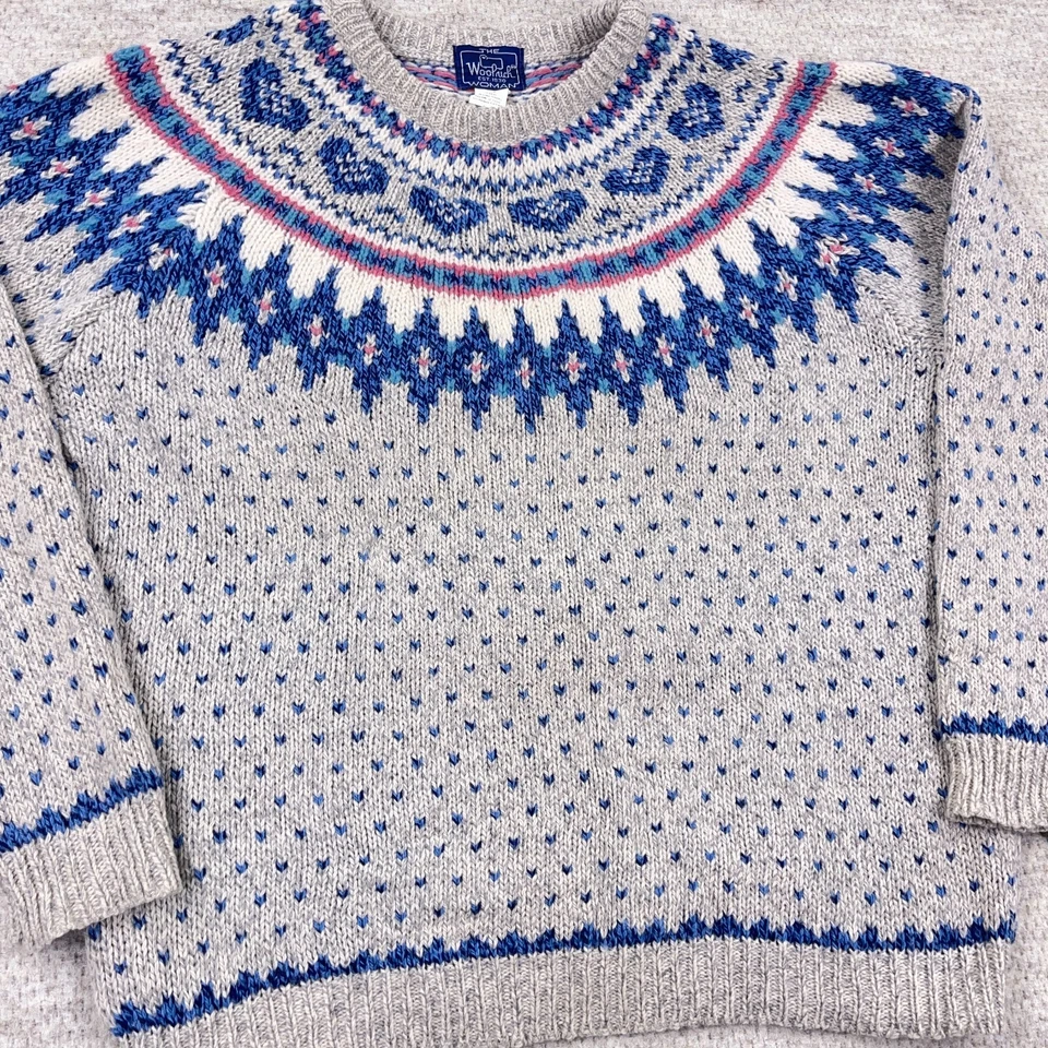 Vintage Woolrich Sweater Women XL  Geometric Nordic Birdseye 90s Gray Blue Wool - Image 2 of 4