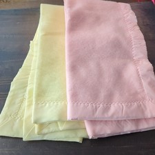 Two Vintage Chatham Acrylic Yellow Pink Baby Blankets Nylon Satin Trim 44x39