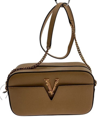 Versace Shoulder Bag Gold V Logo Metal Chain Brown Leather  Woman 9.4''x5.5''
