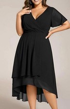Ever-Pretty Sz 16 Women’s Black Chiffon V-Neck Flutter Sleeve A-Line Midi Dress