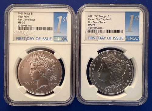2021 MORGAN & PEACE SILVER DOLLAR MS70 FDOI -  PAIR SET