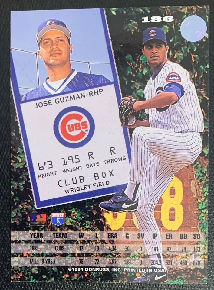 1994 Donruss Baseball - Autographed Card - Jose Guzman - Chicago Cubs - Image 2 of 2