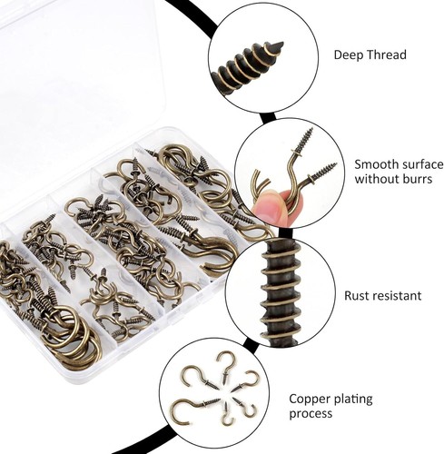 90 Pcs Screw-in Ceiling Hooks Kit - 6 Sizes (1/2" to 1-1/4", Bronze) - Picture 3 of 7