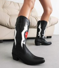Embroidery Women's Faux Leather Knee High Boots Vintage Shoes Chunky Heel Retro