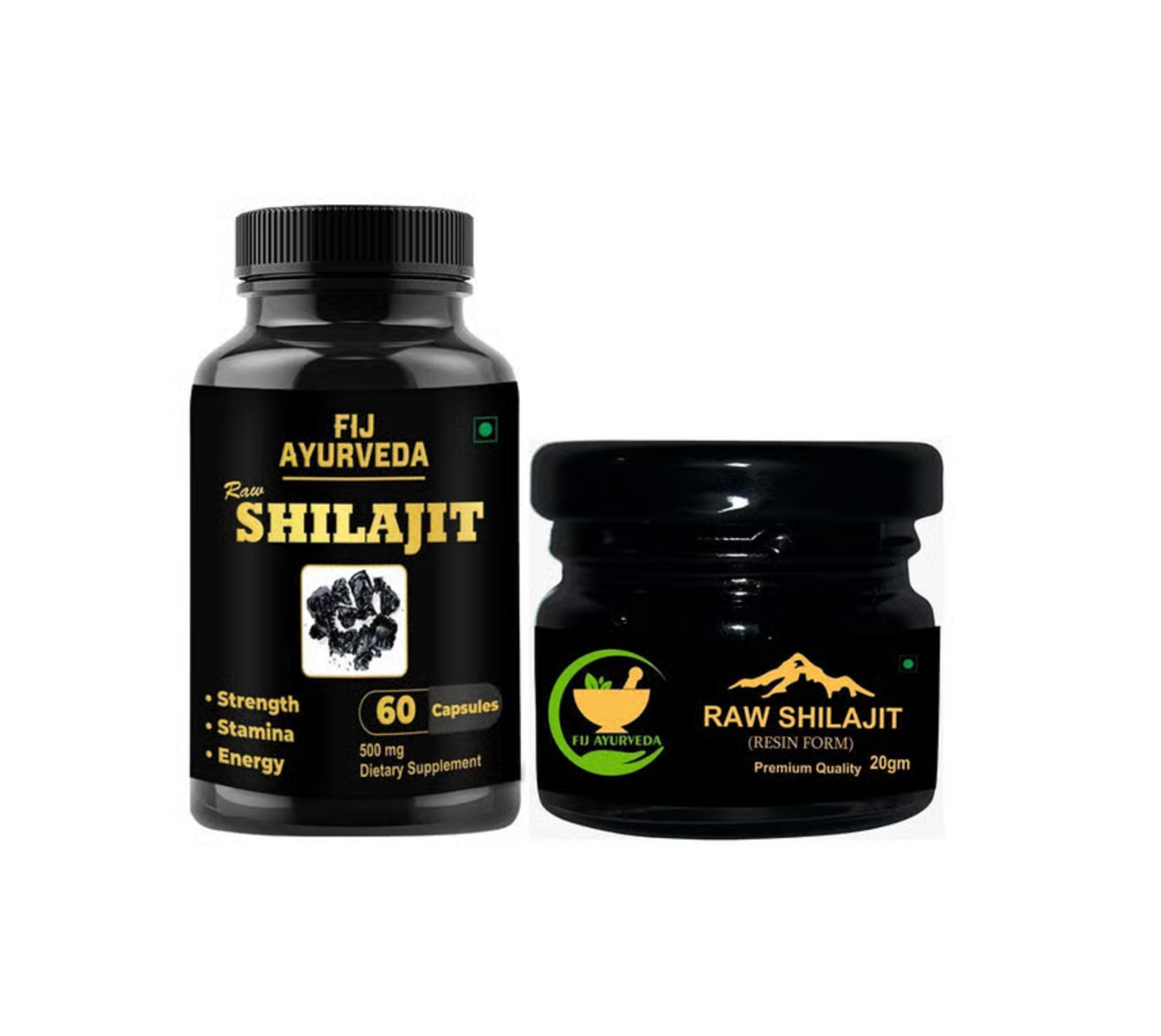 FIJ AYURVEDA Shilajeet 60 Capsules with Raw Resin - 20Gm Combo  