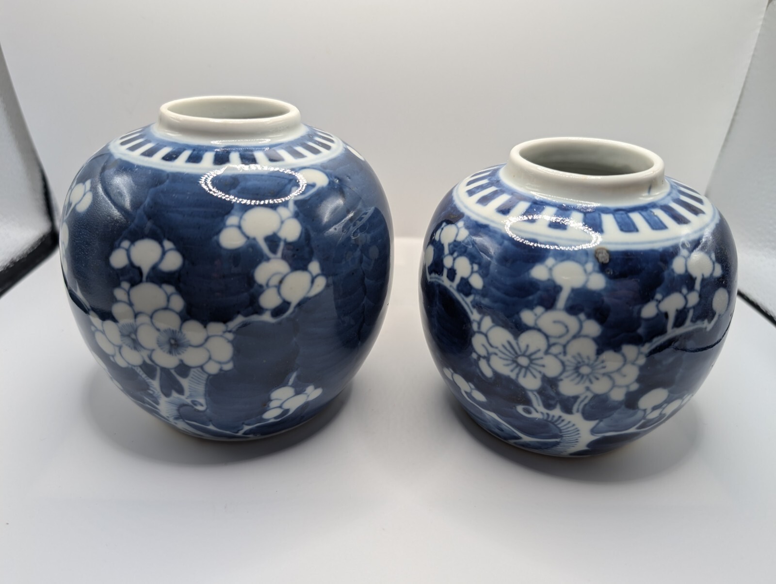 Antique Set Chinese Prunus Blue & White Ginger jar Kangxi Double Ring Mark