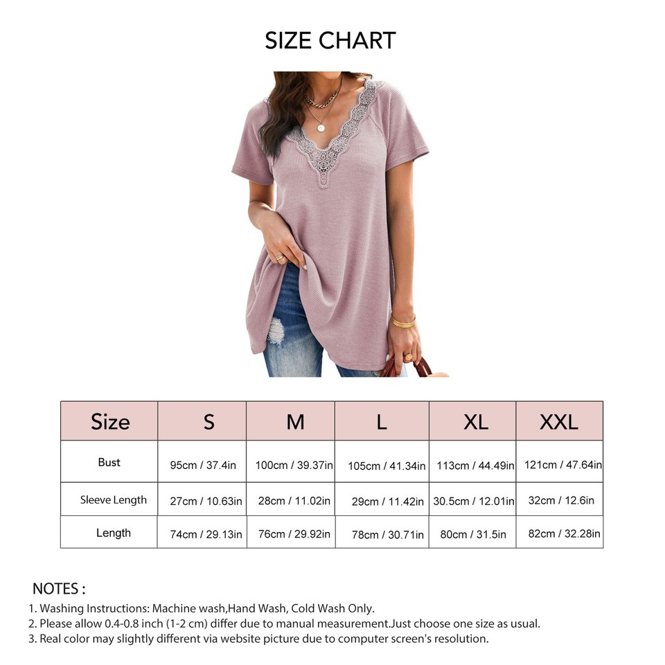 Women Short Sleeve T Shirt Lace V Neck Pure Color Casual Loose Top For