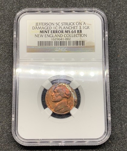 Jeffreson 5C STRUCK ON A 1C PLANCHET 3.1GR ERROR MS 64 RBNEW ENGLAND COLLECTION - Picture 15 of 15