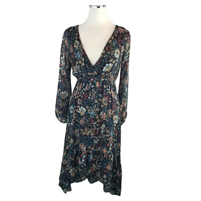 ELENA BALDI Italy Floral Silk Blend Midi Dress Hi-Low V-neck Boho XS Chiffon NWT
