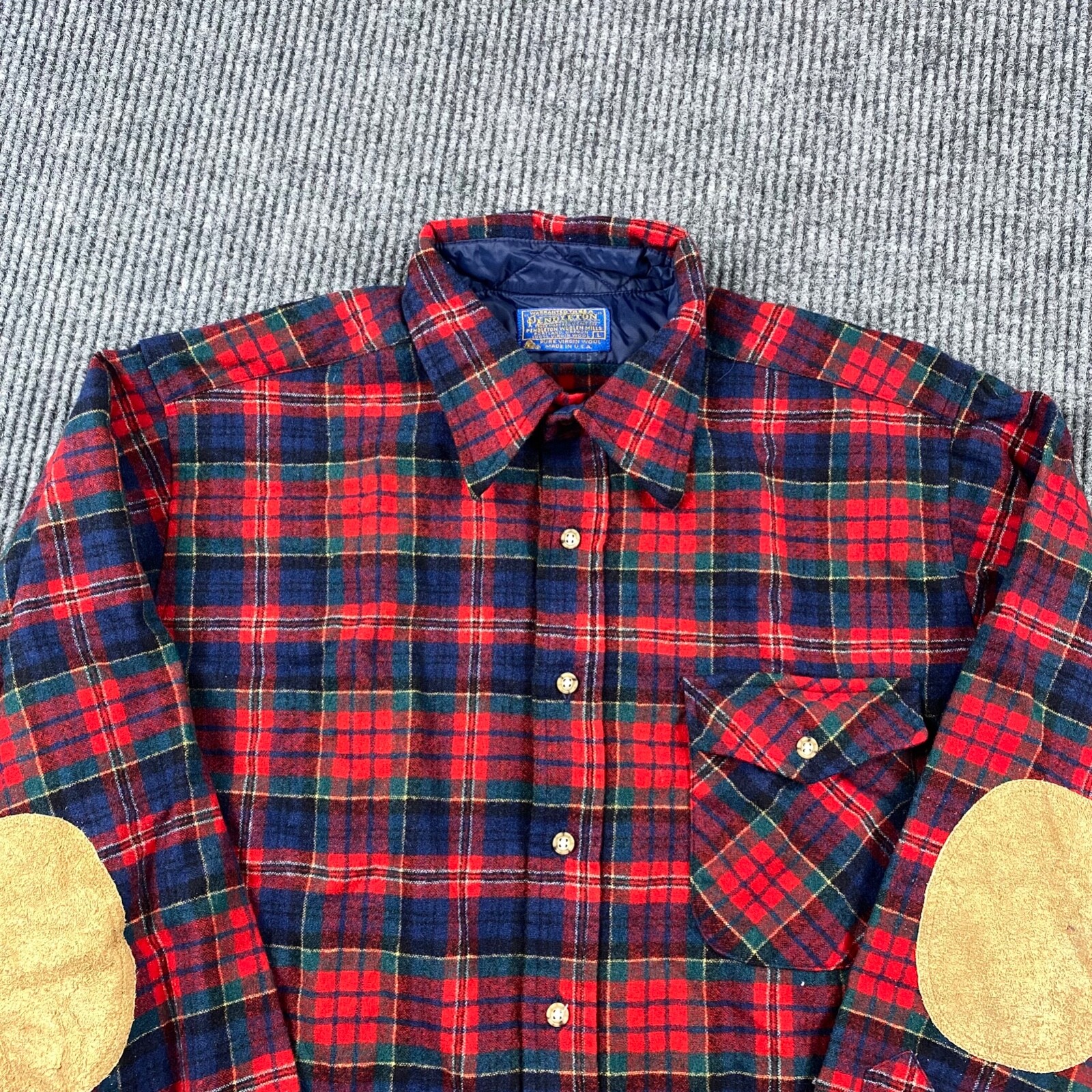Pendleton Virgin Wool Flannel Shirt Elbow Patch Men's Large Red Tartan