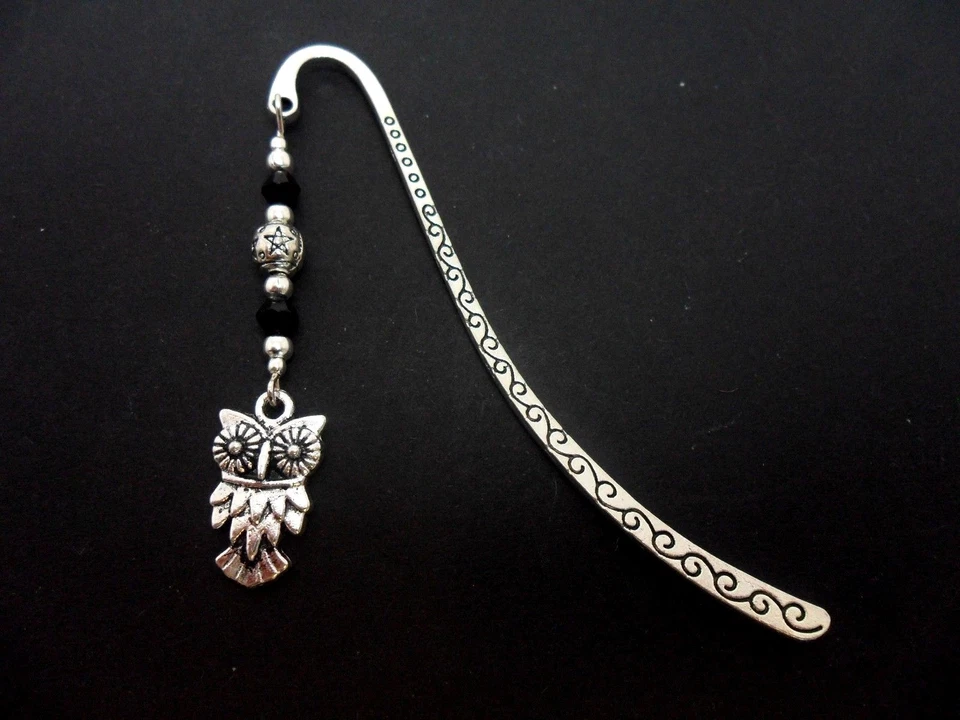ROSIES JEWELLERY A TIBETAN SILVER OWL CHARM & BLACK CRYSTAL BEAD BOOKMARK. NEW.
