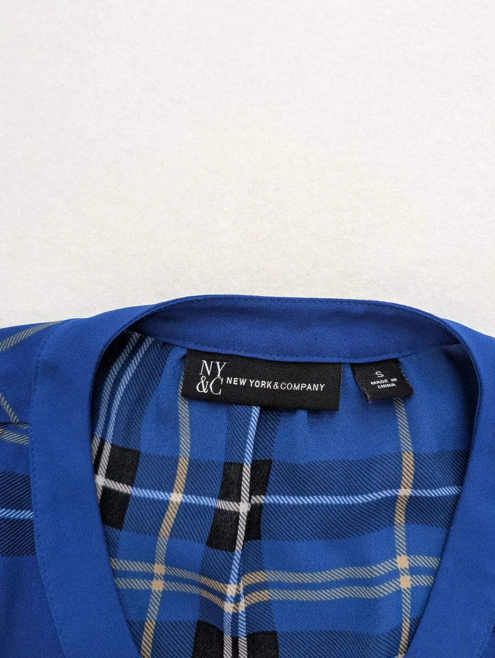 New York & Company Women's Top Size S Blue Plaid 3/4 Sleeve Blouse - Image 4 of 4