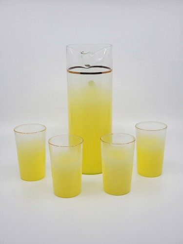 Blendo Yellow Frosted 40 oz Pitcher 4 Glasses 22k West Virginia Glass - Picture 2 of 11