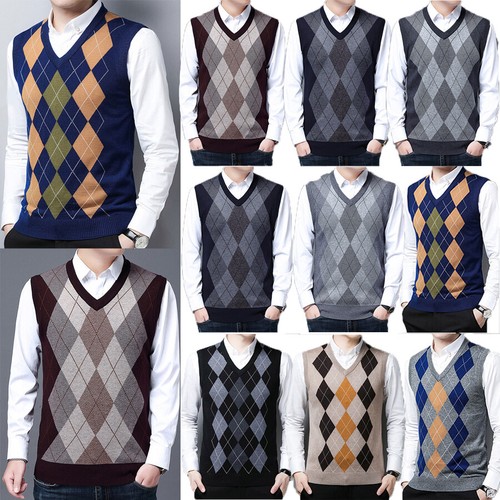Mens Retro Sleeveless V-Neck Argyle 