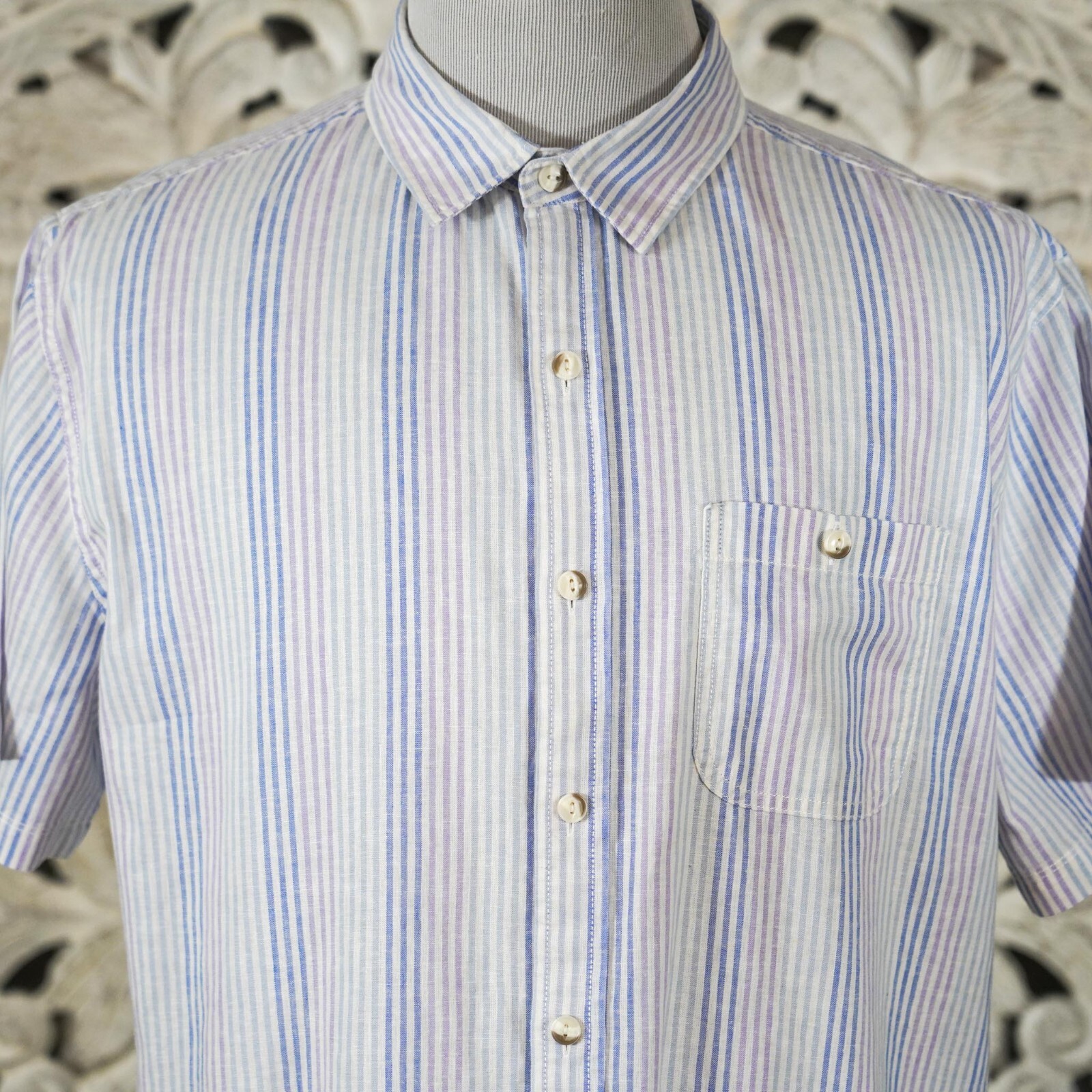 Eventide Men's XL Striped Short Sleeve Shirt Light Blue Purple Linen Blend image 3