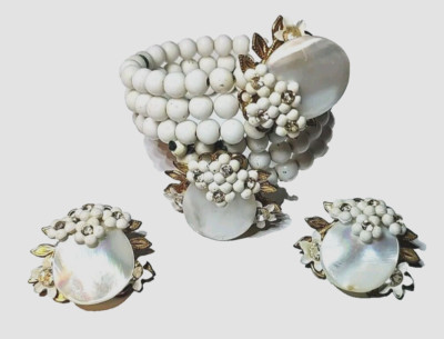 VTG Miriam Haskell Coil Bead & Rhinestone Memory Coil Wire Wrap Bracelet Clip On