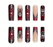 Red  Black Gothic Spider Web Design Press On Nails Long Coffin Shape, NIB