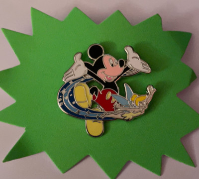 Disney Pin. Mickey Mouse Jumping with Tinker Bell Flying Around Him. Pixie Dust.