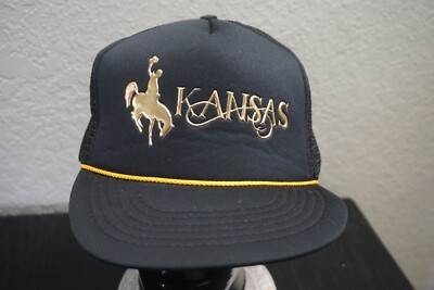 Vintage Trucker Hat KANSAS Black Golden Cowboy Rockabilly Gaudy  Mesh Snap Back