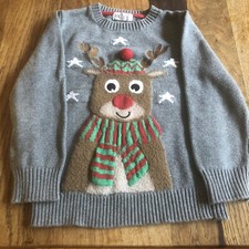 H M Gray Knit Christmas Holiday Sweater Red Nose Reindeer Size 4-6Y