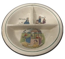 Vintage Divided Baby Dish Nursery Rhymes Ceramic Metal Warmer FLAW