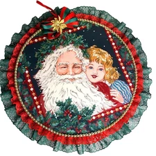 Vintage Style Santa & Child Wall Hanging | 15" Round Christmas Holiday Decor